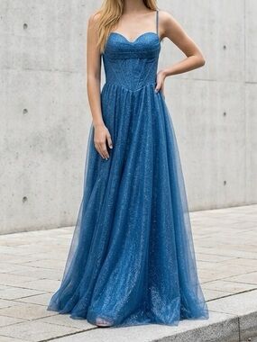 Sparkling Blue Tulle A-Line Evening Gown